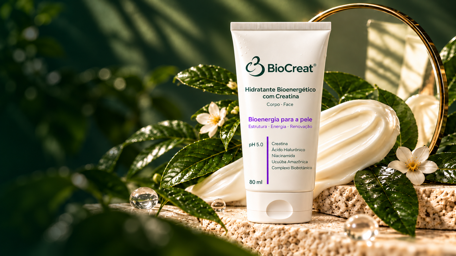 Embalagem BioCreat Hidratante Bioenergético com Creatina em cena botânica