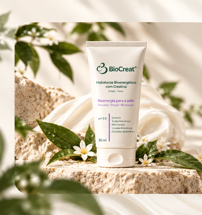 BioCreat de 80 ml sobre pedra natural, creme e folhagens botânicas