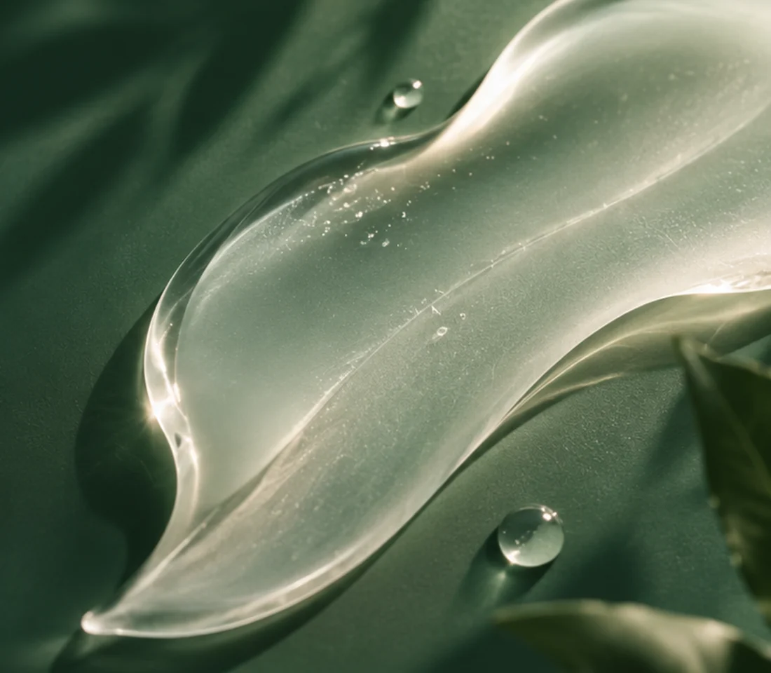 Textura de gel-creme translúcido em curva orgânica sobre fundo botânico verde profundo
